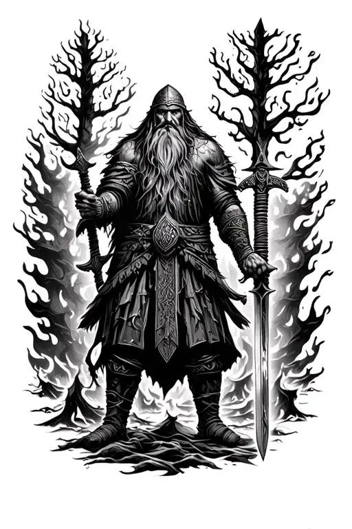 viking man standing with sword surrounded by burning forest tattoo design idea