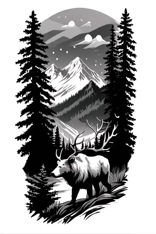 nature mountain landscape tattoo featuring a bear and an elk tattoo design idea