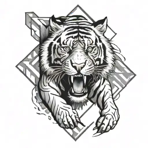 tiger walking out of rhombus shape tattoo design idea