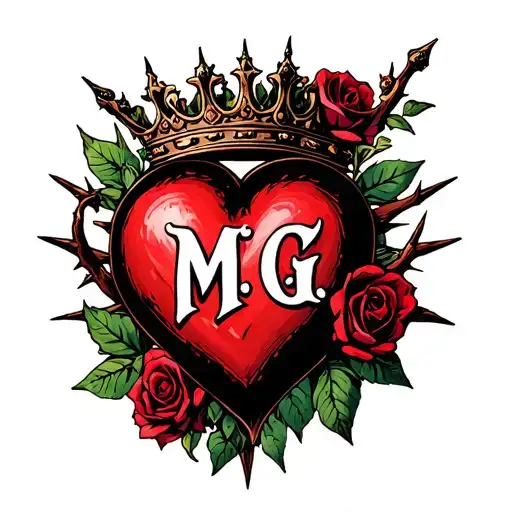 "M G" heart surrounded by thorns and roses with a crown adorned tattoo design idea
