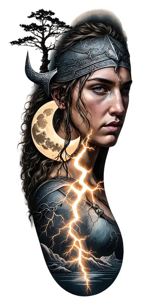 viking rume and moon and tree and lightning bolt tattoo design idea