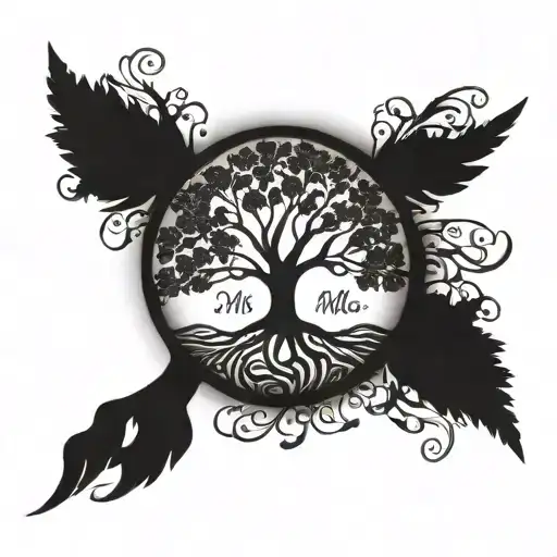 tree of life with the names written "Mac" and "Mia" tattoo design idea