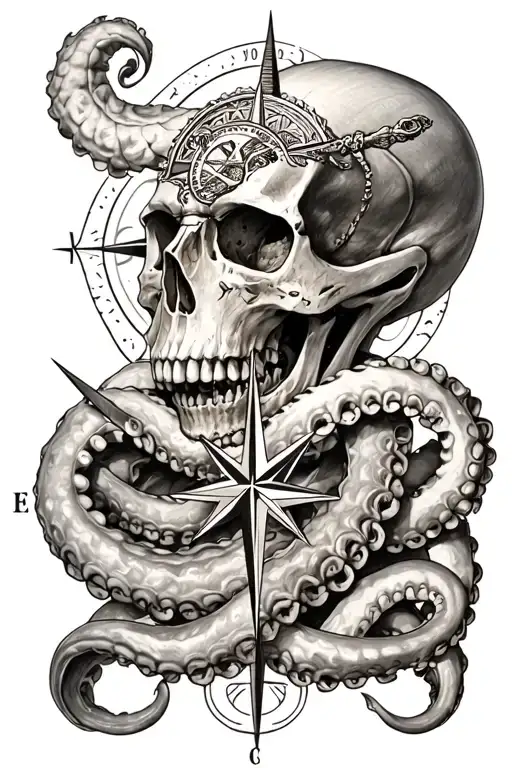 kraken skull and compass intertwined tattoo design idea