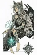  norse goddess frejya with falcon wings, cat paw print,  rune compass, third eye, real person, egypt tattoo design idea