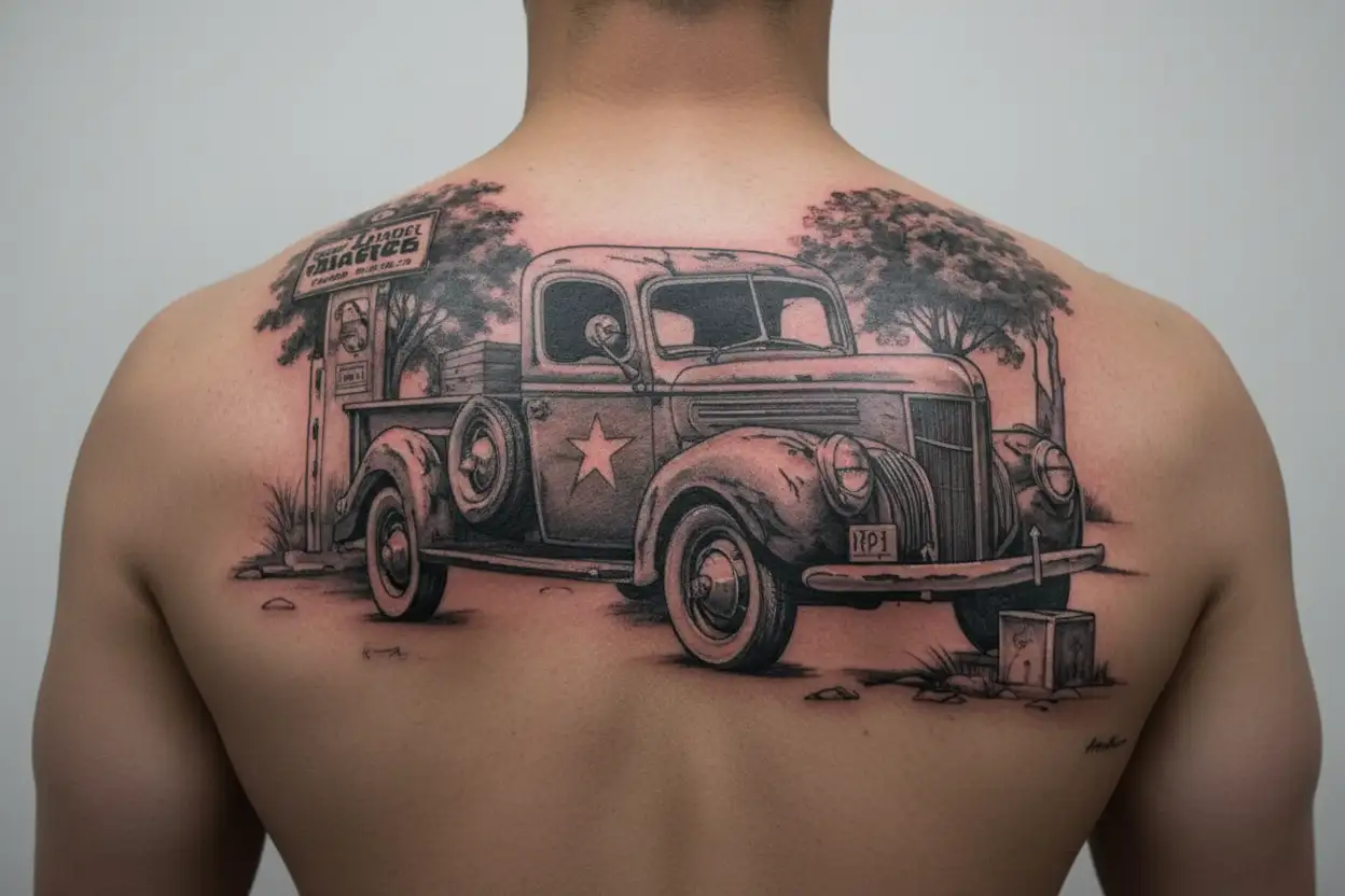 1940 ford truck, 1 gas pump, wayne tattoo design idea