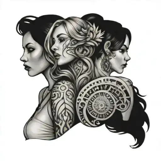 line with symbols of women, strenght, mother of two daugters, wave, tattoo design idea