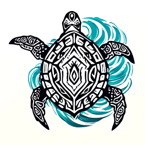 tribal turtle surrounded by waves tattoo design idea