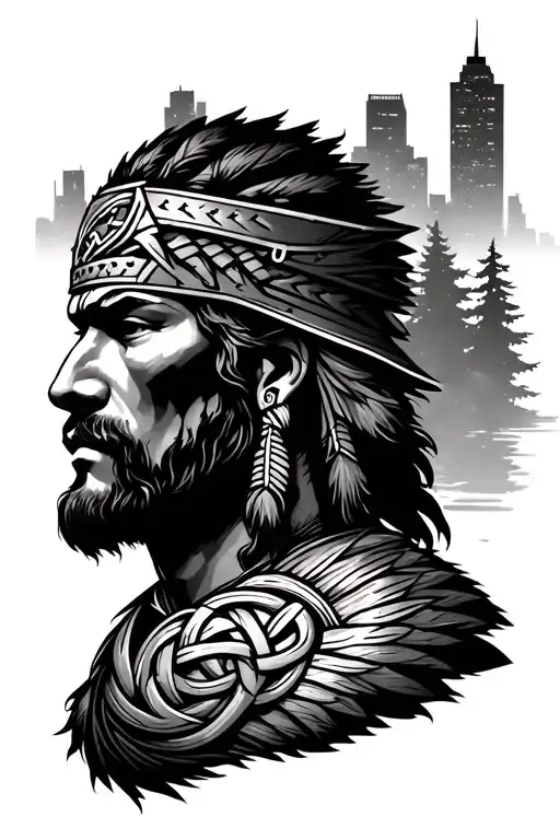 US warrior face surrounded by the lakes and trees, with the minneapolis skyline in the back and The Dara Knot  tattoo design idea