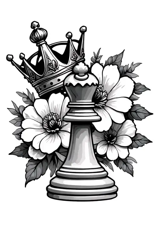 king chess piece with crown surrounded by bold flowers tattoo design idea