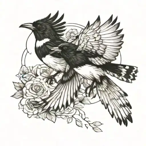 two magpie birds  flying towards one another. one is black and white and the other one is white and black tattoo design idea
