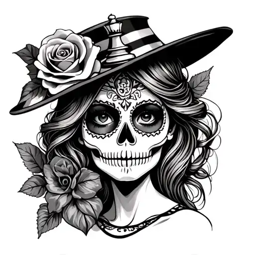 day of the dead girl with a fadora rim hat on girl, rose, chess board, King chess piece, queen chess piece  tattoo design idea