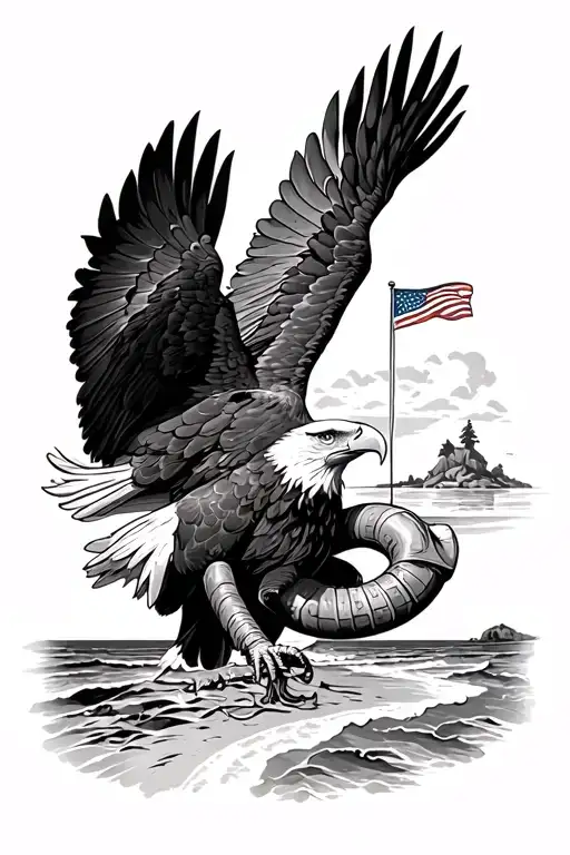 Bald eagle clutching Italian horn, with a beach landscape and an American flag in the distance tattoo design idea