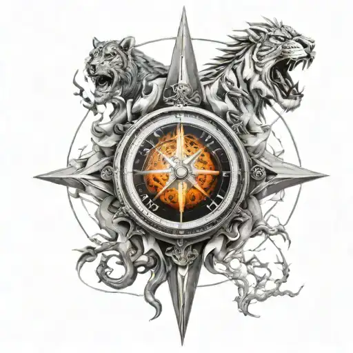 Two Dragons outside with fire and lightning with half face of lion and half face of tiger inside of it a compass from he tattoo design idea