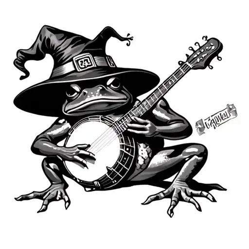 frog cryptic with banjo and wizard hat tattoo design idea