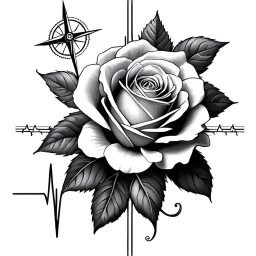 A realistic black & gray tattoo featuring a detailed Rose of Sharon, a delicate hand, a compass, and a flowing EKG line. tattoo design idea