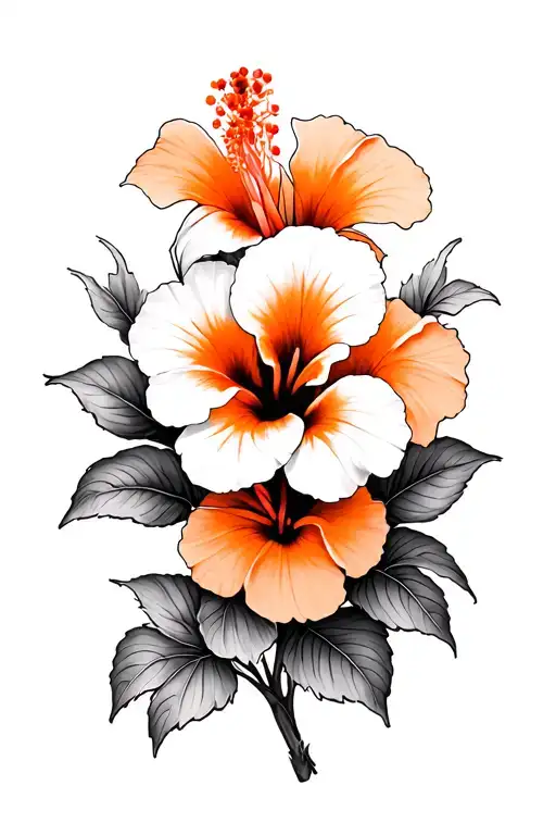 orange hibiscus flower with black and shaded primrose flowers tattoo design idea