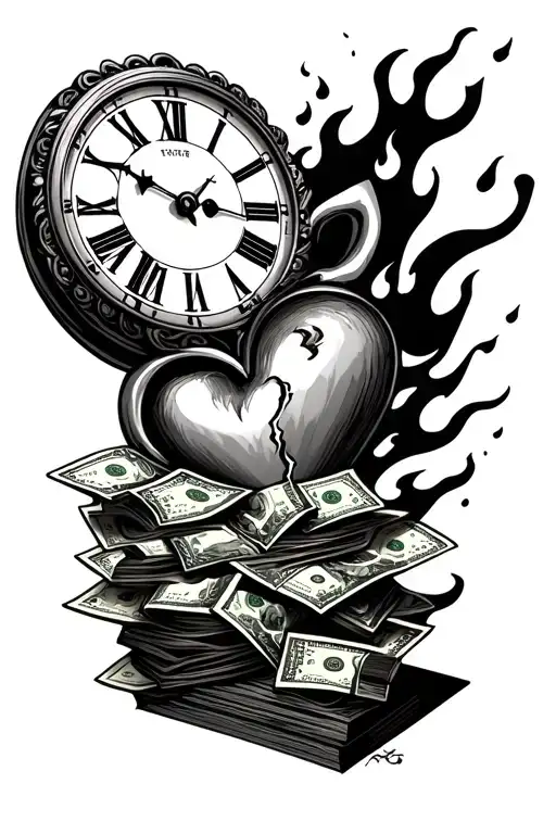 a roman  clock with a broken heart and money stacked around it on fire on the forearm  tattoo design idea