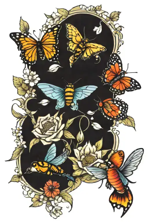 butterflies,bees,hummingbirds, gerber daisies floating tattoo design idea