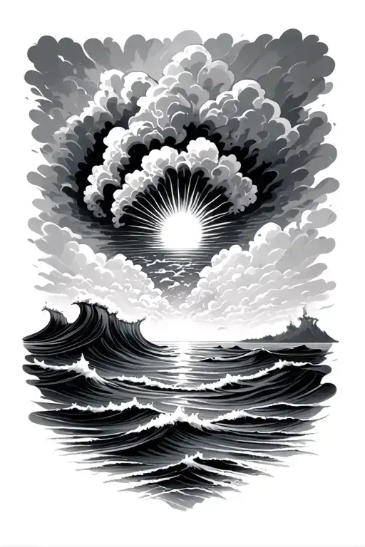 sunrise with calm ocean waves below an exploxion tattoo design idea