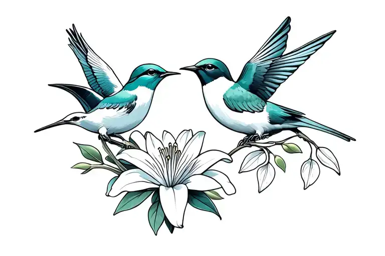 two swallows each holding Lily flower and olive branch tattoo design idea