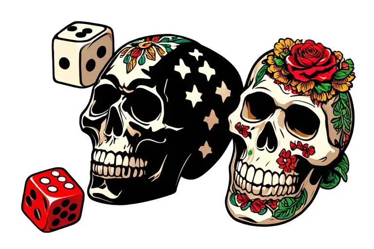dice with Mexican skull surrounded tattoo design idea