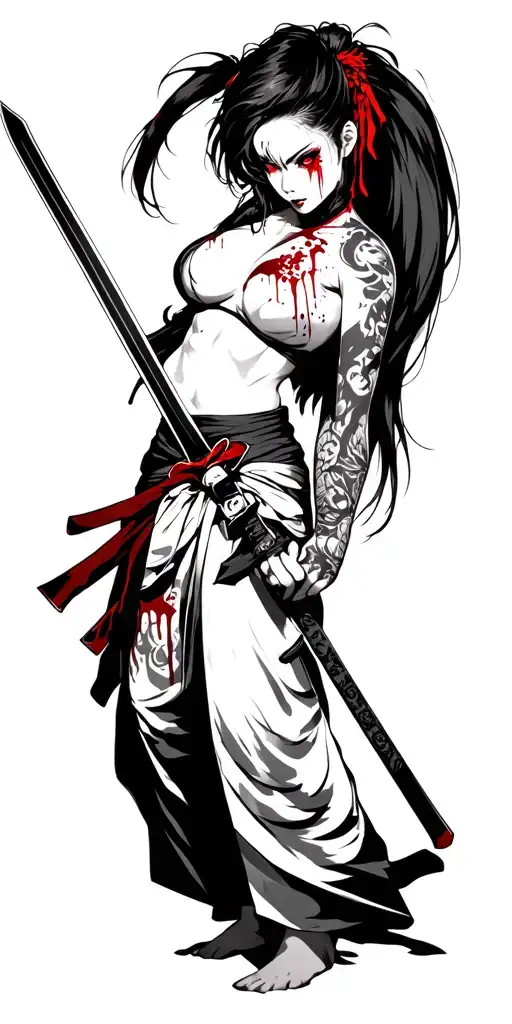 Japanese themed martial arts warrior, with hot babe blood red eyes in combat sexy clothes with blood on sword  tattoo design idea
