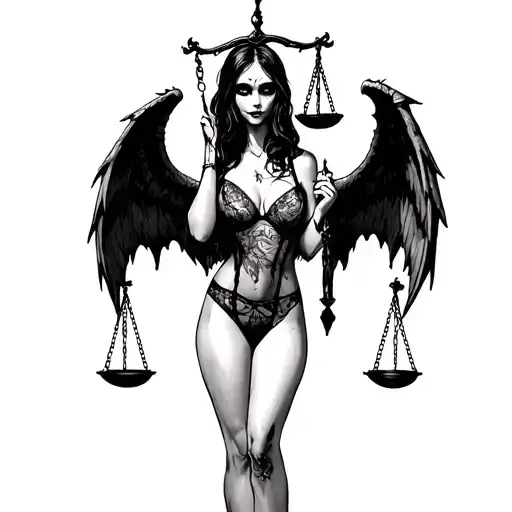 Scary girl in sexy lingerie with demon wings holds scales of justice tattoo design idea