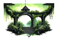 goth/punk aesthetics, black and dark green colors, a view of Hanging Gardens of Babylon tattoo design idea