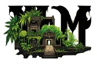 goth/punk aesthetics, black and dark green colors, a view of Hanging Gardens of Babylon tattoo design idea