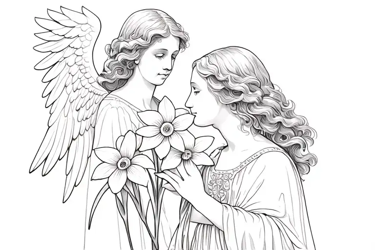aster and narcissus flower with an angel watching tattoo design idea