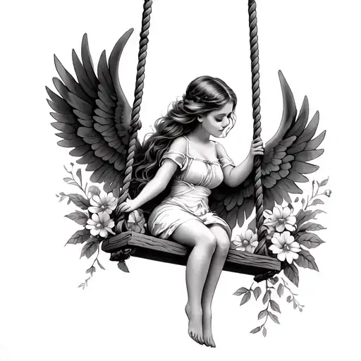 Create a tattoo of a girl on swing. The swing should have angle wings. Let the rope of the swing have flowers.  tattoo design idea