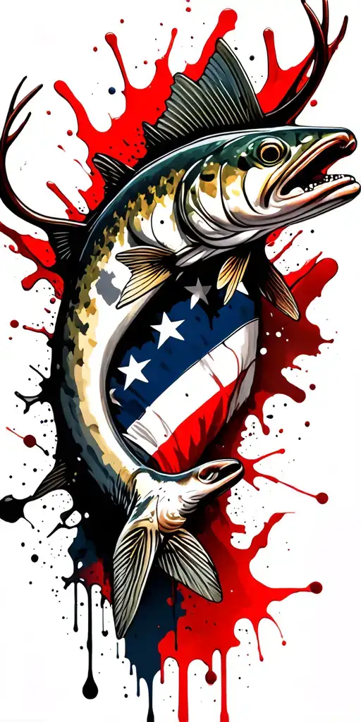 mountains buck trout american flag intertwined tattoo design idea