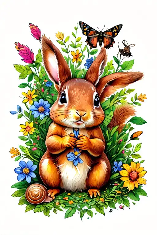 Brown bunny, flowers and greenery, one red squirrel, one chipmunk, one lantern moth, one small snail, and one field mous tattoo design idea