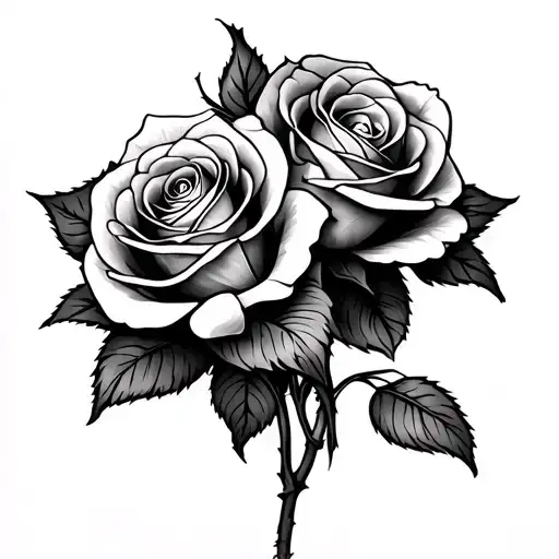 A black and gray fine-line tattoo design featuring two realistic roses intertwined, symbolizing deep love and gratitude. tattoo design idea
