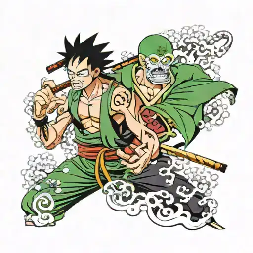 luffy and zoro one piece who ends up with a wano spirit the cherry blossom uni upper shoulder, and pectoral tattoo design idea