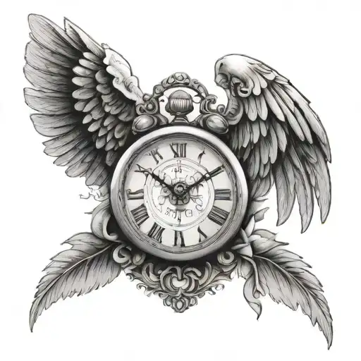 stillbirth time and date biological clock with Roman numerals and angel wings tattoo design idea