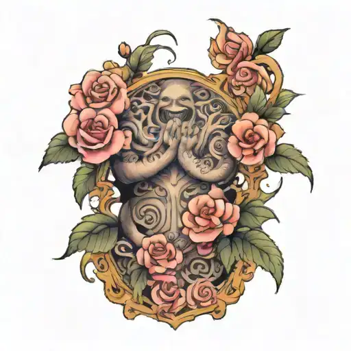 open scroll across upper chest, surrounded by pink roses tattoo design idea