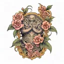 open scroll across upper chest, surrounded by pink roses tattoo design idea