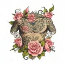 open scroll across upper chest, surrounded by pink roses tattoo design idea