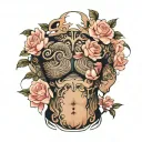 open scroll across upper chest, surrounded by pink roses tattoo design idea