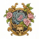 open scroll across upper chest, surrounded by pink roses tattoo design idea