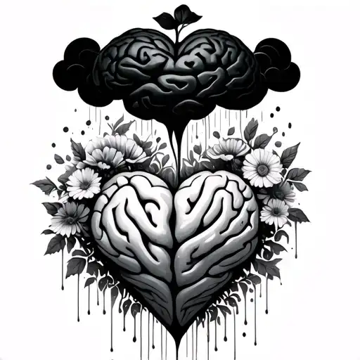 brain at the top in clouds raining down on a heart growing flowers tattoo design idea