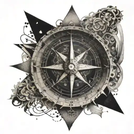 A compass surrounded by intricate shadows and light patterns, representing the journey through life and the passion for exploration tattoo design idea