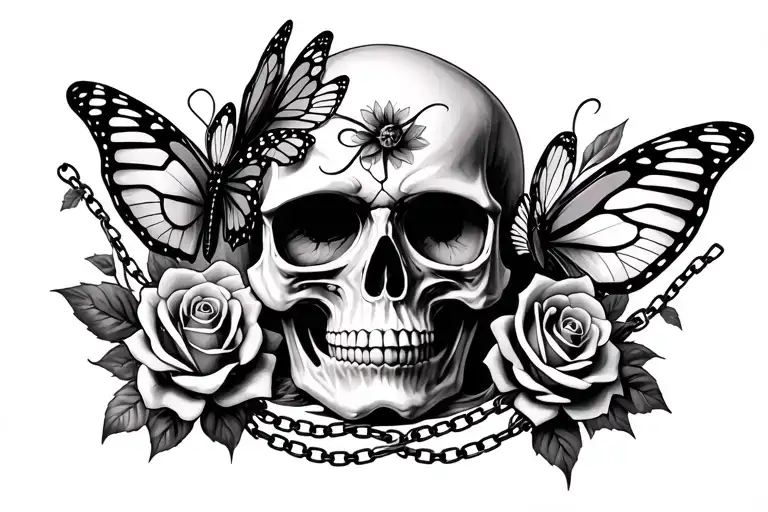 skull with butterfly on eye sockets, with rose and chain under tattoo design idea