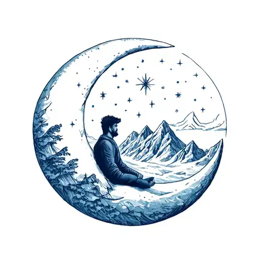 A sitting man on a crescent moon against a backdrop of snowy mountains and a starry sky. tattoo design idea