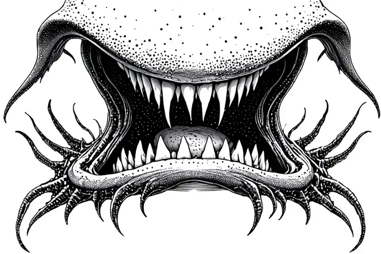 Cosmic Alien Romulis elongated muzzle with an open mouth with fangs in saliva tattoo design idea