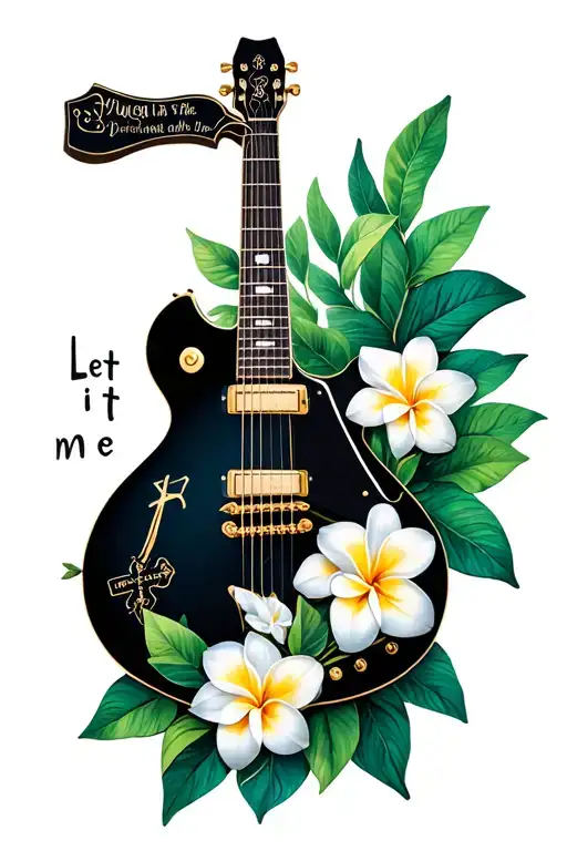base guitar with plumerias and green leafs and the words let it me with a cross tattoo design idea