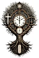 gothic tree of life intertwined with cross,libra scales, a clock and names tattoo design idea