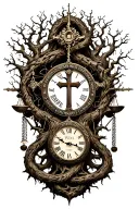 gothic tree of life intertwined with cross,libra scales, a clock and names tattoo design idea