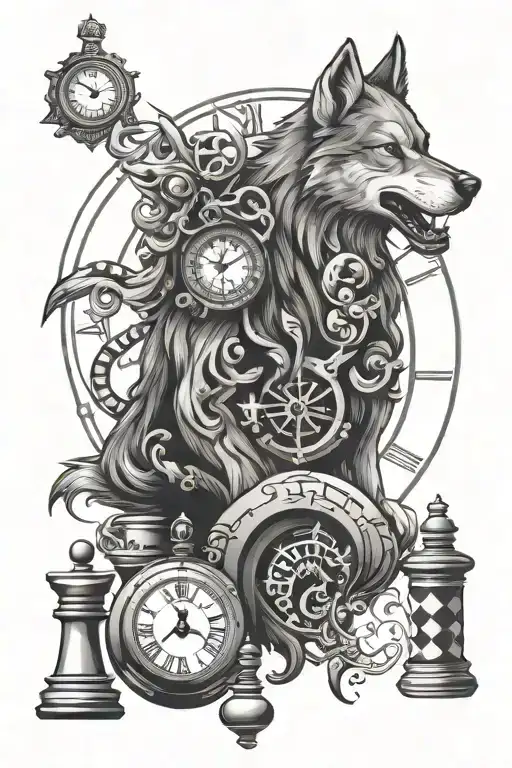 wolf and clock and chess piece tattoo design idea